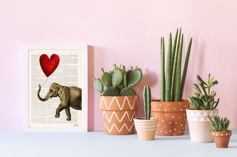 Original Art, Housewarming home gift, Elephant with Heart shaped balloon, New home gift, Nature art, Funny wall art, Original art, ANI083 image 3