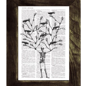 Dark Academia Aesthetic Skeleton Tree and crows Print on Vintage Book Altered art Recycled dictionary page print SKA072 Book Page M 6.4x9.6 inches