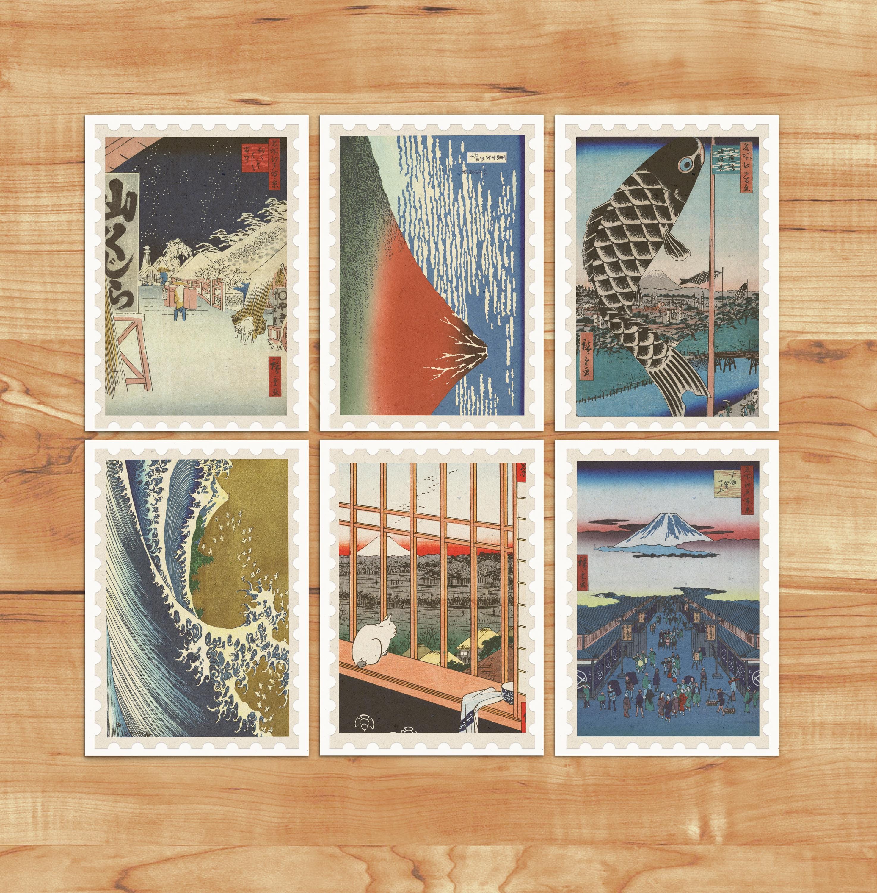 Japanese Stamps like Postcards set, Vintage style printing, Instant art collection, Colorful Art Prints, Postcard set of six, PSC038