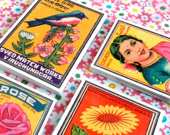 Vintage indische Streichholzschachtel Art Prints: Blumen- & Tierpostkarten (6er-Set)