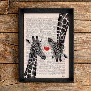 Wall decor art, home gift, Gift for her, Giraffes in love Red heart on Vintage book page perfect for gifts, Unique gift, ANI012b image 2