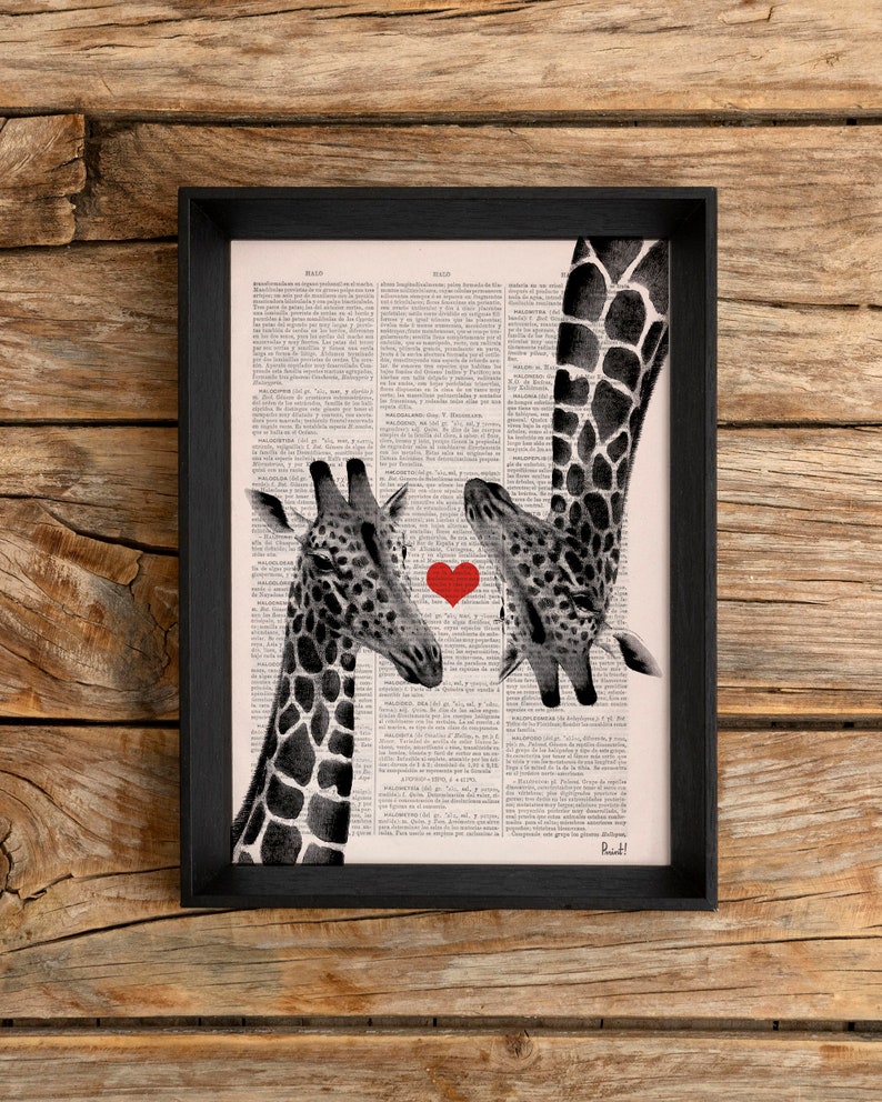 Wall decor art, home gift, Gift for her, Giraffes in love Red heart on Vintage book page perfect for gifts, Unique gift, ANI012b image 2