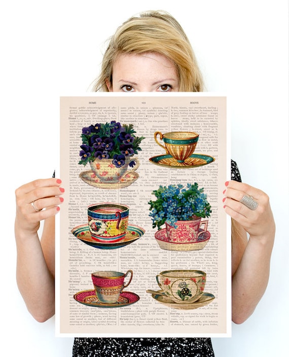 Vintage tea cups collection poster Tea cup art Kitchen art Etsy
