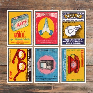 Indian advert Match Box Postcards set, Vintage style printing, Tricolor printing style, Matches Box Art Prints, Postcard set of six