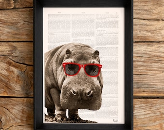 Funny animal, Gift for him, Cool Hippo with Sunglasses, Wall art, Wall decor, Vintage Book sheet, Nursery wall art, ANI013