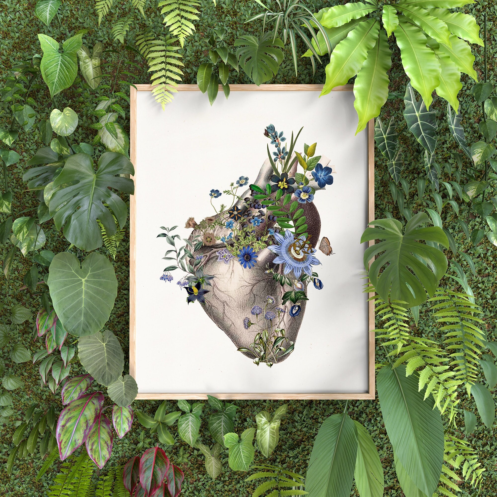 Heart with Blue Flowers - Romantic gift - Wall art print - Anatomy Illustration - Love Wall Art - Anatomical Heart - SKA316