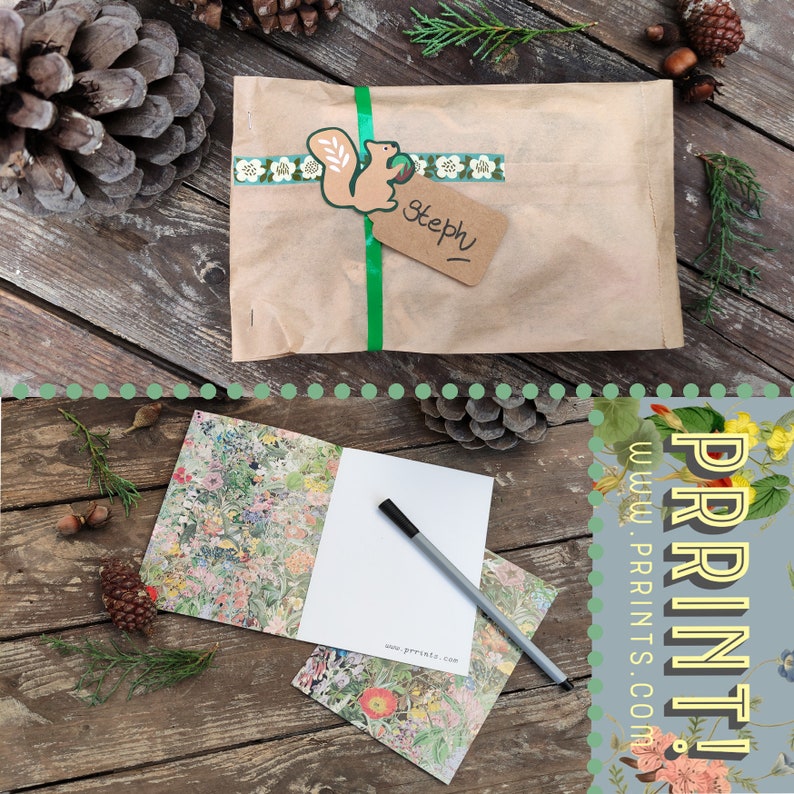 May include: A brown paper package with a green ribbon and a small squirrel sticker. The package is addressed to "stephy". The package is sitting on a wooden surface with pine cones and greenery.