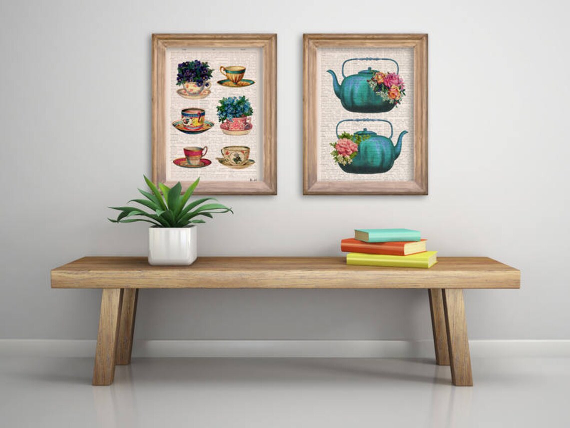 Vintage tea cups collection poster Tea cup art Kitchen art Etsy