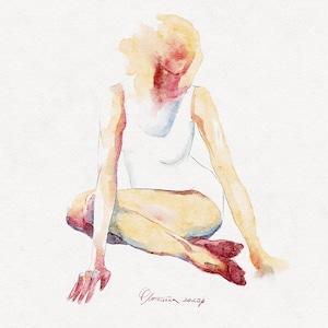 May include: Watercolor painting of a seated figure in a white tank top. The figure's skin tones are rendered in shades of yellow, pink, and red. The artwork has a soft, ethereal quality, with the figure's form suggested rather than precisely defined. The artist's signature and date are visible.