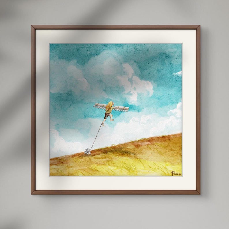 May include: Watercolor painting of a person with blonde hair wearing wings, running up a hill with a kite. The sky is blue with white clouds. The artwork is framed in a brown wooden frame.