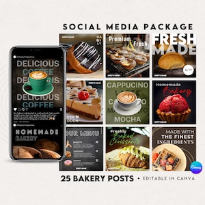 Op de afbeelding: Een social media pakket met 25 bakkerij posts, inclusief afbeeldingen van koffie, gebak en bakwaren. De posts bevatten tekst als "Heerlijke Koffie", "Homemade Bakkerij" en "Vers Gebakken Croissants."