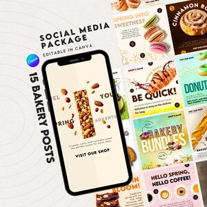 Op de afbeelding: Een smartphone toont een social media pakket voor een bakkerij, met 15 bewerkbare berichten. De berichten tonen bakkerijproducten zoals kaneelbroodjes, donuts en stokbrood. De tekst bevat "Spring into Sweetness" en "Bakery Bundles."
