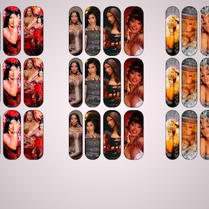 May include: A collection of nail art decals featuring various portraits of women in different outfits and poses. The decals showcase a range of colors, including red, gold, and neutral tones, suitable for nail art enthusiasts.