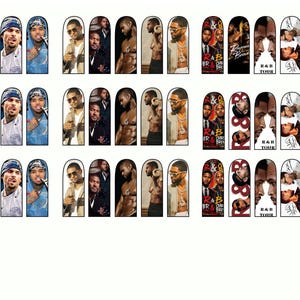 May include: A sheet of nail decals featuring repeating rows of rectangular designs. Each decal displays photographic portraits of male musical artists, R&B tour graphics, and text including R&B, R&B TOUR, and BROW. The images are arranged in a grid.