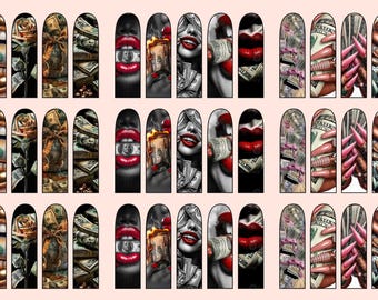 May include: A collection of nail art designs featuring various themes. Designs include stacks of money, roses, lips with dollar bills, and hands with long, pink nails. The color palette includes shades of brown, black, red, and green.