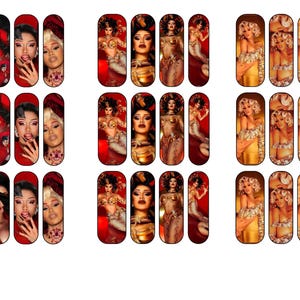 May include: A collection of nail art decals featuring various portraits and designs. The decals showcase images of women in red outfits, mermaid-themed art, and portraits with gold and yellow accents. The nail art is displayed on a red background.