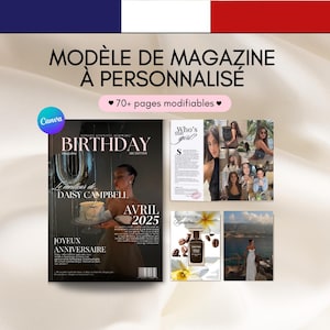 Pode incluir: Modelo de revista com o texto "MODÈLE DE MAGAZINE À PERSONNALISÉ" e "BIRTHDAY" na capa. A capa apresenta uma mulher segurando um bolo. O texto "70+ pages modifiables" também é visível.
