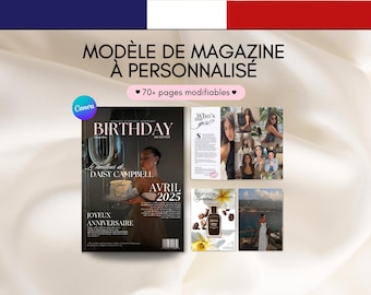 Puede incluir: Plantilla de revista con el texto "MODÈLE DE MAGAZINE À PERSONNALISÉ" y "BIRTHDAY" en la portada. La portada presenta a una mujer sosteniendo un pastel. También es visible el texto "70+ pages modifiables".