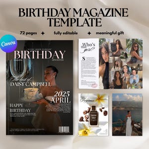 Plantilla editable de revista de cumpleaños: Regalo personalizado en Canva (Descarga digital A4, 72 páginas)