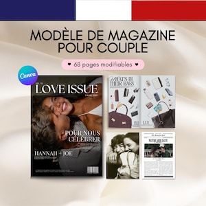 Op de afbeelding: Een magazine sjabloon voor koppels met de tekst "MODÈLE DE MAGAZINE POUR COUPLE" en "LOVE ISSUE" op de cover. Het magazine heeft 68 aanpasbare pagina's. Andere pagina's tonen inhoud over tassen en een krant.
