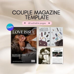 Può includere: Un modello di rivista con il testo "COUPLE MAGAZINE TEMPLATE" e "LOVE ISSUE" sulla copertina. Il modello include 68 pagine modificabili. La copertina presenta una coppia e altre pagine mostrano contenuti su borse e il primo appuntamento di una coppia.