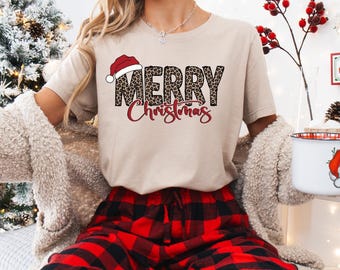 Leopard Print Merry Christmas Shirt, Holiday Family Tee
