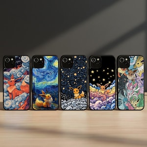 May include: Five black phone cases with colorful illustrations of Eevee characters. The designs include a starry night, clouds, and various Eevee evolutions. The cases are made of a durable material and are designed to protect the phone.