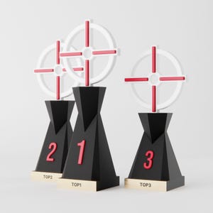 Pode incluir: Três troféus com bases pretas e desenhos de alvo brancos e vermelhos. Os números 1, 2 e 3 são exibidos em vermelho na frente dos troféus. Os troféus estão sobre bases de madeira com o texto "TOP1", "TOP2" e "TOP3".
