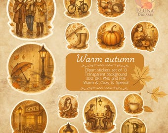 Cozy Autumn Stickers | 13 Watercolor Clipart Designs (PNG + PDF)