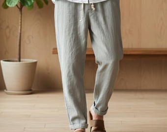 Men’s Linen Cotton Pants – Lightweight Drawstring Trousers for Summer, Relaxed Fit Casual Beach Pants, Breathable Soft Everyday Wear