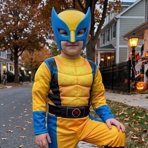 May include: A yellow and blue superhero costume featuring a molded mask with pointed ears, a long-sleeved top with padded chest detailing, matching pants with black stripes, and a belt with a circular red and black emblem featuring an X symbol.
