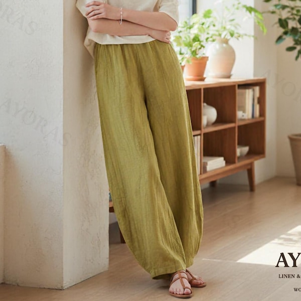 Pantalones anchos de lino y algodón / Pantalones holgados estilo harem / Pantalones maxi bohemios para mujer