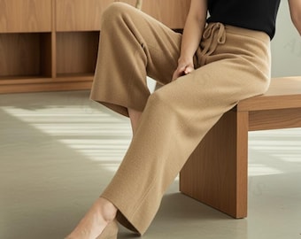 Wool Wide Leg Pants for Women – High Waist Comfy Knit Trousers, Soft Drawstring Lounge Pants, Minimalist Winter Outfit