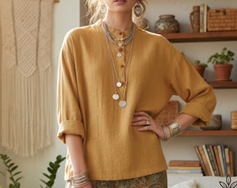 Loose Boho Summer Top for Women, Vintage Pullover Blouse, Free Size Casual Shirt