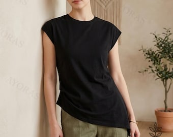 Asymmetric Summer Blouse – Loose Sleeveless Tunic Top, Modern Casual Shirt, Elegant Minimalist Wear