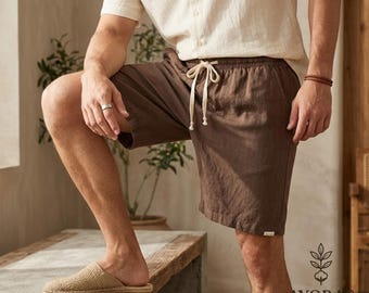 Linen Shorts for Men Elastic Waist – Casual Summer Beach Shorts, Drawstring Lightweight Cotton Linen Shorts