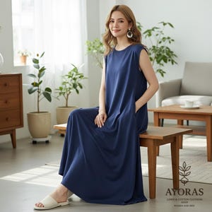 Casual navy blue loose-fit summer maxi dress for women, sleeveless cotton fabric