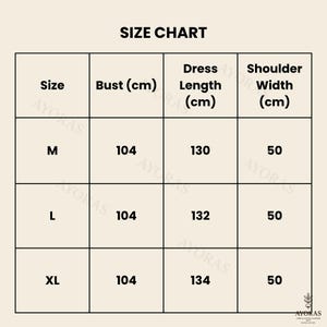 May include: A size chart with measurements in centimeters for a dress. The chart includes sizes M, L, and XL, with corresponding bust, dress length, and shoulder width measurements. The text "SIZE CHART" is at the top.