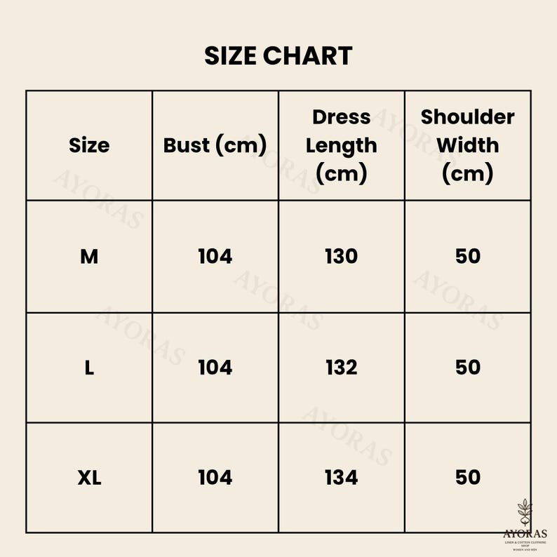 May include: A size chart with measurements in centimeters for a dress. The chart includes sizes M, L, and XL, with corresponding bust, dress length, and shoulder width measurements. The text "SIZE CHART" is at the top.