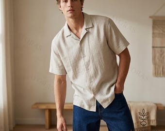 Mens Linen Button Up Shirt – Short Sleeve Linen Shirt, Summer Beach Shirt, Casual Resort Top, Lightweight Camp Collar Shirt