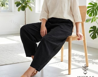 Linen Cotton Wide Leg Pants for Women – Loose Harem Balloon Pants, Elastic Waist Casual Trousers, Boho Summer Linen Pants