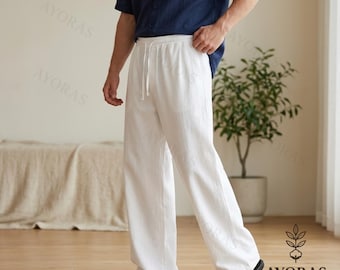 White Linen Wide Leg Pants for Men – Loose Summer Trousers, Drawstring Beach Pants, Minimalist Resort Lounge Wear
