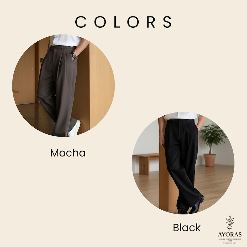 May include: The image displays two pairs of wide-leg trousers in Mocha and Black. The word "COLORS" is at the top. The Mocha pants are shown with white sneakers, and the Black pants are shown with black shoes. The brand logo is at the bottom right.