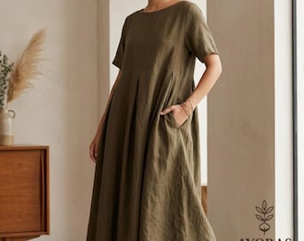 Linen Style Midi Dress for Women – Loose Fit Summer Dress, Minimalist Casual Dress, Oversized A-Line Dress, Pockets Dress