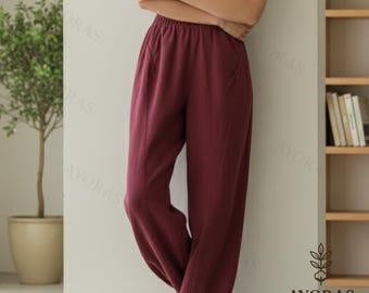 Women’s Linen Cotton Wide Leg Pants – Loose Fit Casual Trousers with Pockets