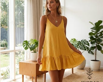 Vestido de verano para mujer: vestido lencero de algodón, vestido playero estilo bohemio, vestido casual de tirantes finos, atuendo para vacaciones, vestido con bajo con volantes.