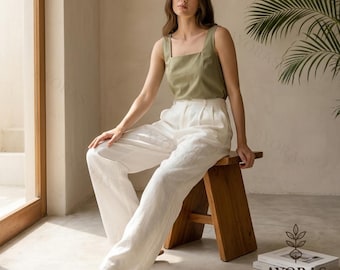 High Waisted Palazzo Pants Women – Flowy Summer Trousers, Relaxed Fit Casual Pants, Minimalist Neutral Outfit, Breathable Cotton Blend