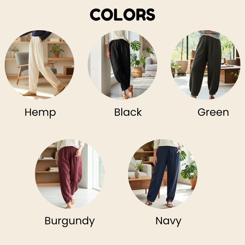 Puede incluir: Imagen que muestra cinco pares de pantalones holgados en varios colores: c&aacute;&ntilde;amo, negro, verde, burdeos y azul marino. La palabra &laquo;COLORS&raquo; se muestra en la parte superior. Cada par de pantalones se modela en un marco circular, destacando las diferentes opciones de color.