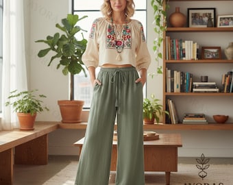 Linen Cotton Pants for Women Loose Wide Leg Trousers with Elastic Drawstring Waist