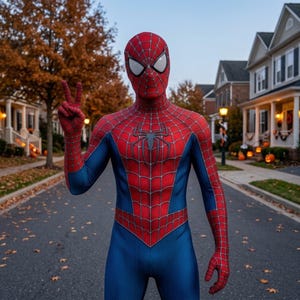Könnte beinhalten: Ein Ganzkörper-Spider-Man-Kostüm aus rotem und blauem strukturiertem Stoff mit einem schwarzen Spinnenemblem auf der Brust und einem schwarzen Netzmuster. Die Maske hat große weiße Augenlinsen und die rechte Hand zeigt ein Friedenszeichen.